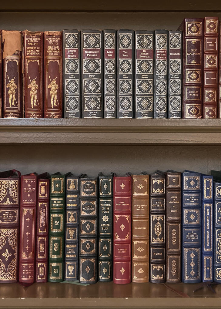 Two Shelves of Antique Books on a bookcase.