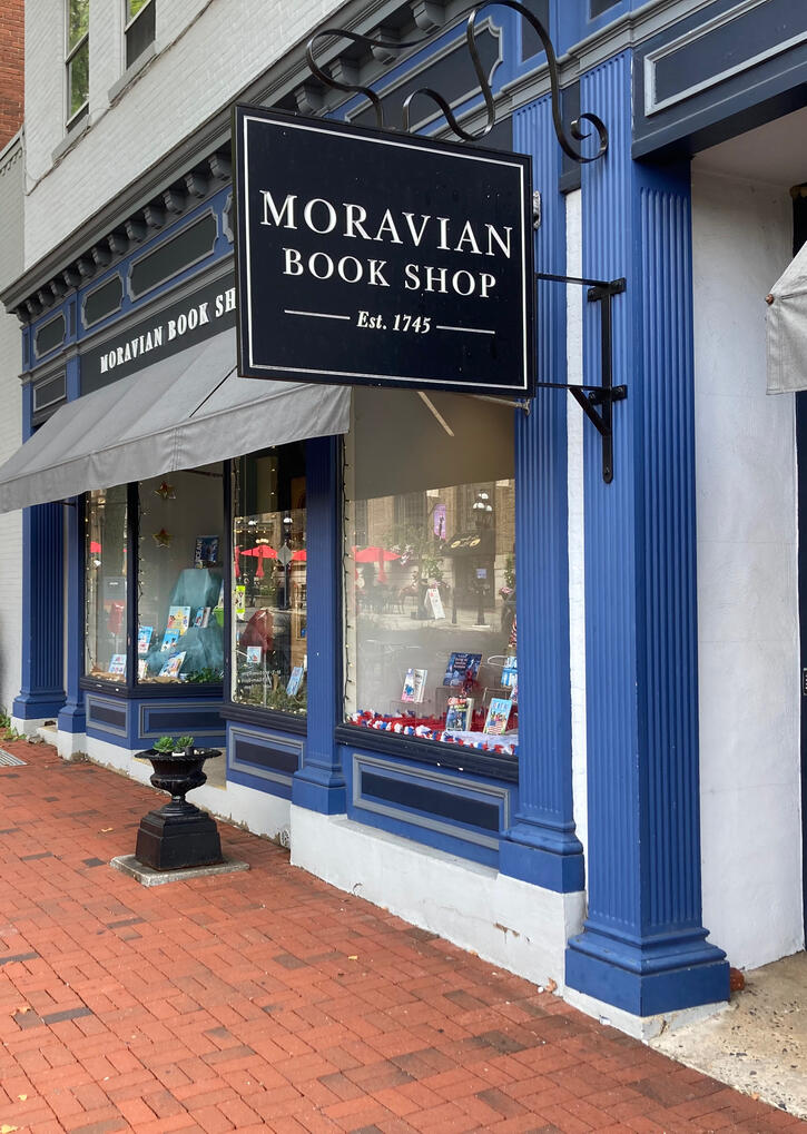 Storefront of Moravian Book Shop in Bethlehem, PA.